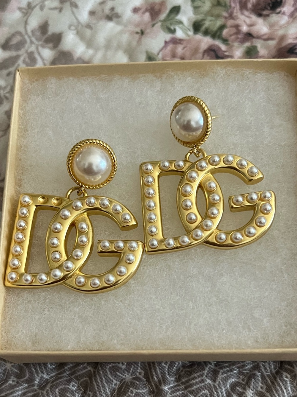 Dolce & Gabbana Gold and Pearl Logo Drop Earrings